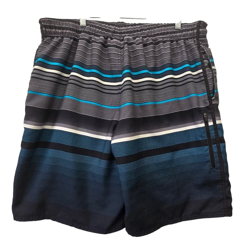 Ocean Pacific Mens Swim Trunks Large 36-38 Striped Board Shorts Black Blue OP